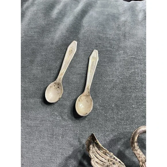 Pair of 3" Large Vtg Germany Silver & Crystal Swan Master Salt Cellars w/Spoons - Picture 5 of 16
